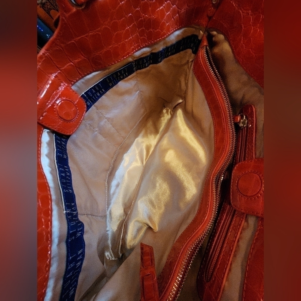 STUART WEITZMAN quilted tote with orange patent leather accents & gold hardware - Picture 9 of 16